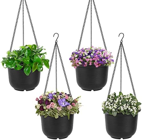 RUIOMII Self Watering Hanging Planters with Drainage Holes and Chains 4 Pack 8 Inch Hanging Flower Pots for All Plants Indoor and Outdoor Plants - Elevate Your Space