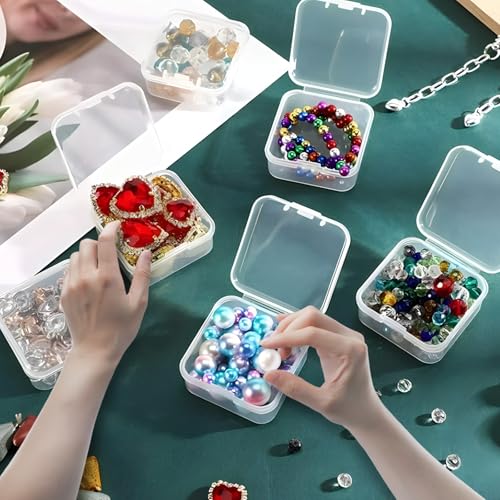 Image of AQQHSAIN 100 Pieces Transparent Boxes with Hinged Lid Clear Plastic Beads Storage Containers Box Mini Square Arts Crafts Storage Boxes Organizers for Earplugs,Pins, Jewelry,Small Items