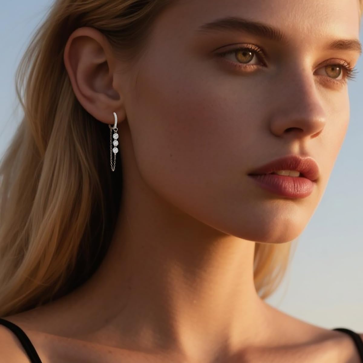 Reffeer Solid 925 Sterling Silver Chain Hoop Earrings Dangle for Women Teen Girls CZ Chain Drop Earrings - Image 3
