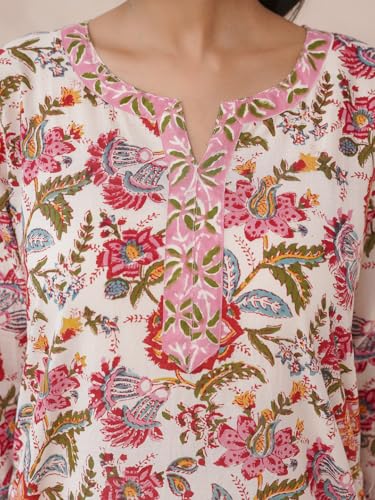 Image of GOODHAND Pure Cotton Floral Printed Long Kurta for Women | Straight Fit Ethnic Kurta | Round Neck 3 /4 Sleeve Kurta