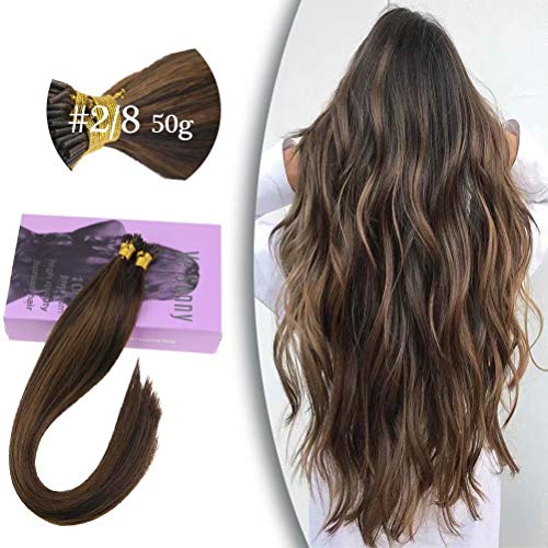 VeSunny 18inch Pre Bonded Human Hair Extensions #2 Darkest Brown Highlights #8 Light Brown Remy I Tip Hair Extensions 50g 1g/s