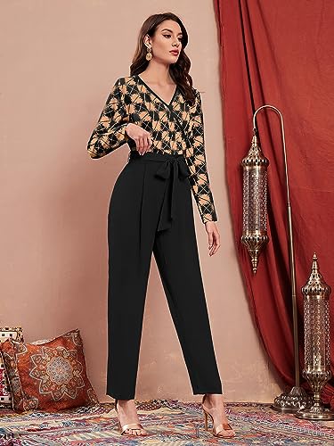 Image of LONDON BELLY Women's Polyester Semi-Formal Jumpsuit with Round Neck Half Sleeves Adjustable Waist Tie Abstract Pattern and Regular Fit | Women Stylish One Piece Outfit | Women Regular Fit Jumpsuit