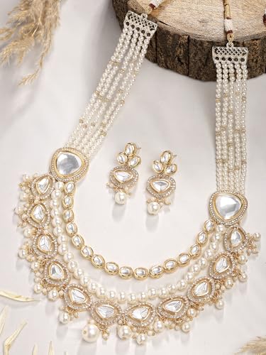 Image of Karatcart Gold Plated Green Crystal and Pearl Studded Kundan Rani-Haar Necklace Set for Women