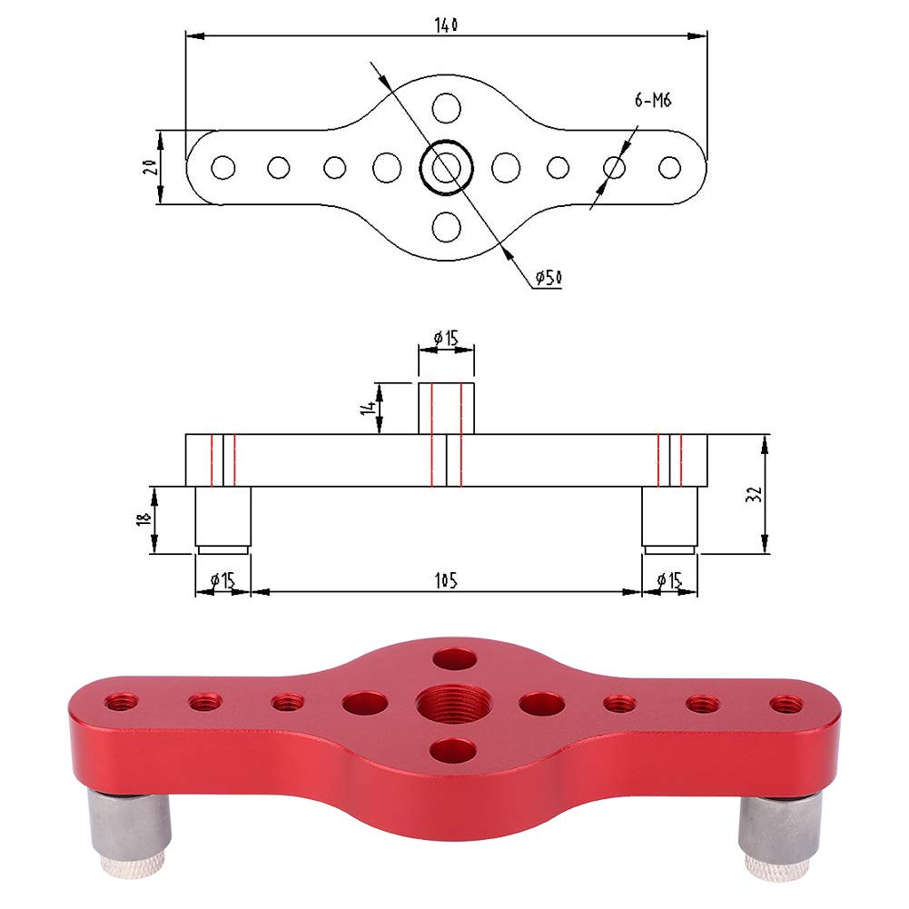 Aluminum Alloy Hole Punch Locator, Straight Hole Drilling Positioner Adjustable Woodworking Locator Tool with 3 Drill Guides for DIY, Fine Woodworking Tool (Red)