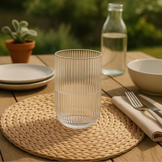 Image of criterion Ribbed Glass Cups Set of 4 - Clear Fluted Drinking Glasses for Iced Coffee, Boba Tea, Cocktails & Cold Drinks | Vintage Aesthetic Glassware for Home & Kitchen | 390ml
