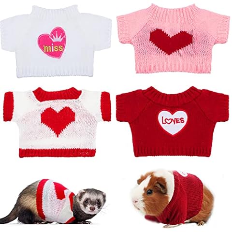 4 Pcs Ferret Clothes Hamster Sweater Guinea Pig Clothes Bunny Costume Knitted Sweatshirt for Warm Winter Valentine Christmas Vest Clothing Ferret Accessories Kit Small Animal Outfit (Heart Style) Cover