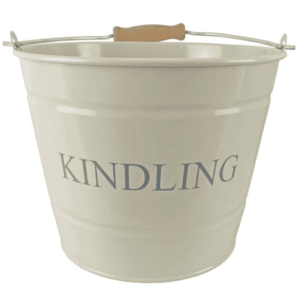Black Country Metal Works Cream,Black Small Metal Fireside Kindling Bucket With Wooden Handle Diameter Of 22 Centimeters Cream Finish