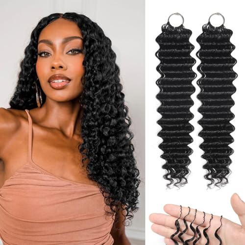 Human Crochet Hair for Black Women 18 Inch 50g Deep Wave Bundles Human Hair Pre-separated Invisible Miracle Knots Feather Crochet Human Hair Extensions 40 Strands Natural Black