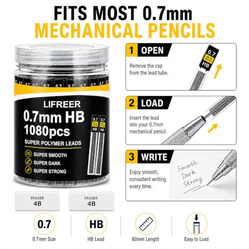 Image of 0.7 Lead Refills (1080 Pcs), Unbreakable 0.7 mm Lead Refills and 2 Premium Erasers, Long Lasting HB Pencil Lead 0.7 Refill,Mechanical Pencil Lead 0.7mm for Students & Professionals
