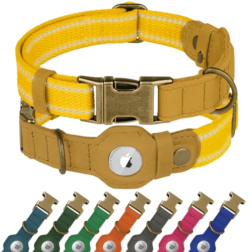 Collier AirTag pour chien en cuir véritable et coton doux jaune - 2