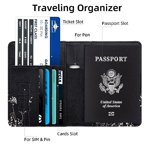 Image of WALNEW Passport Holder for Travel, RFID Passport Cover Wallet for Women Men, PU Leather Passport Book Card Holder Case with Pen (Elastic Band Closure, D-Black Flowers)