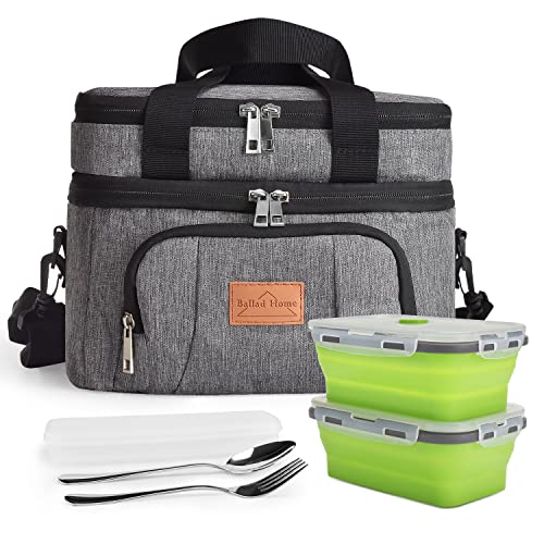 10L Bolsa Térmica Porta Alimentos Bolsa de Enfriamiento Bolsa de Almuerz con 2 Contenedores y 1 Juego de Cubiertos Bolsa Nevera para adecuado Oficina Picnic Playa (Gris, 2 Contenedores)