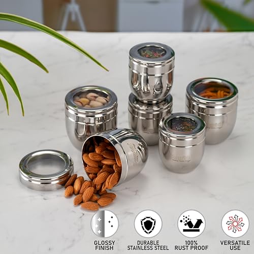 Image of Sumeet Stainless Steel Conical Shape Canisters /Dabba /Storage Containers for Kitchen with See Through Lid, Set of 6 Pcs, (150ml-6cm Dia-3Pc & 250ml-7cm Dia-3Pc), Silver