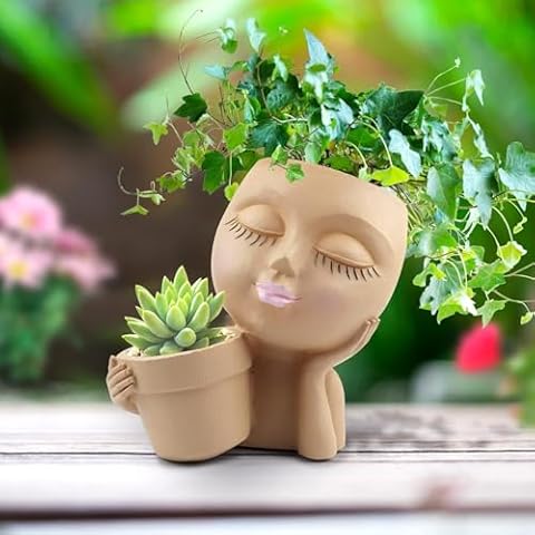 Geila Head Planter-Double Face Planters Pots Head for Indoor Outdoor Plants Succulent Planters with Drainage Hole Cute Lady Plant Pots (Khaki Lady) Cover