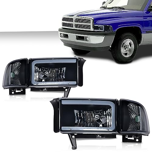 Image of GRAND ORANGE LED Light Strip Headlight Assembly Lamps w /o Bulbs Compatible with Dodge Ram 1500 1994-2001 /Dodge Ram 2500 3500 1994-2002 CH2503101,Smoke Lens Black Housing Clear Reflector Headlamps