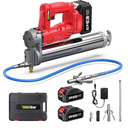 TaskStar High-Efficiency Electric Grease Gun, 10000 PSI Battery Powered Grease Gun with 2 * 4.0Ah Batteries and Charger, for Farmers, Mechanics, and Equipment Owners, Red