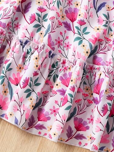 Image of Girl's Rayon Fabric V Neck Short Sleeve Flower Printed Knee-Length Dress for Summer Picnics & Daily Outings