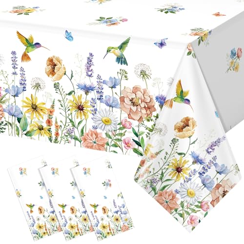 3 Pack Spring Summer Floral Tablecloth Decorations, Wildflower Plastic Disposable Table Cloth, Wild Flower Rectangle Table Cover for Garden Picnic Baby Shower Tea Party Decorations, 54x108 Inch