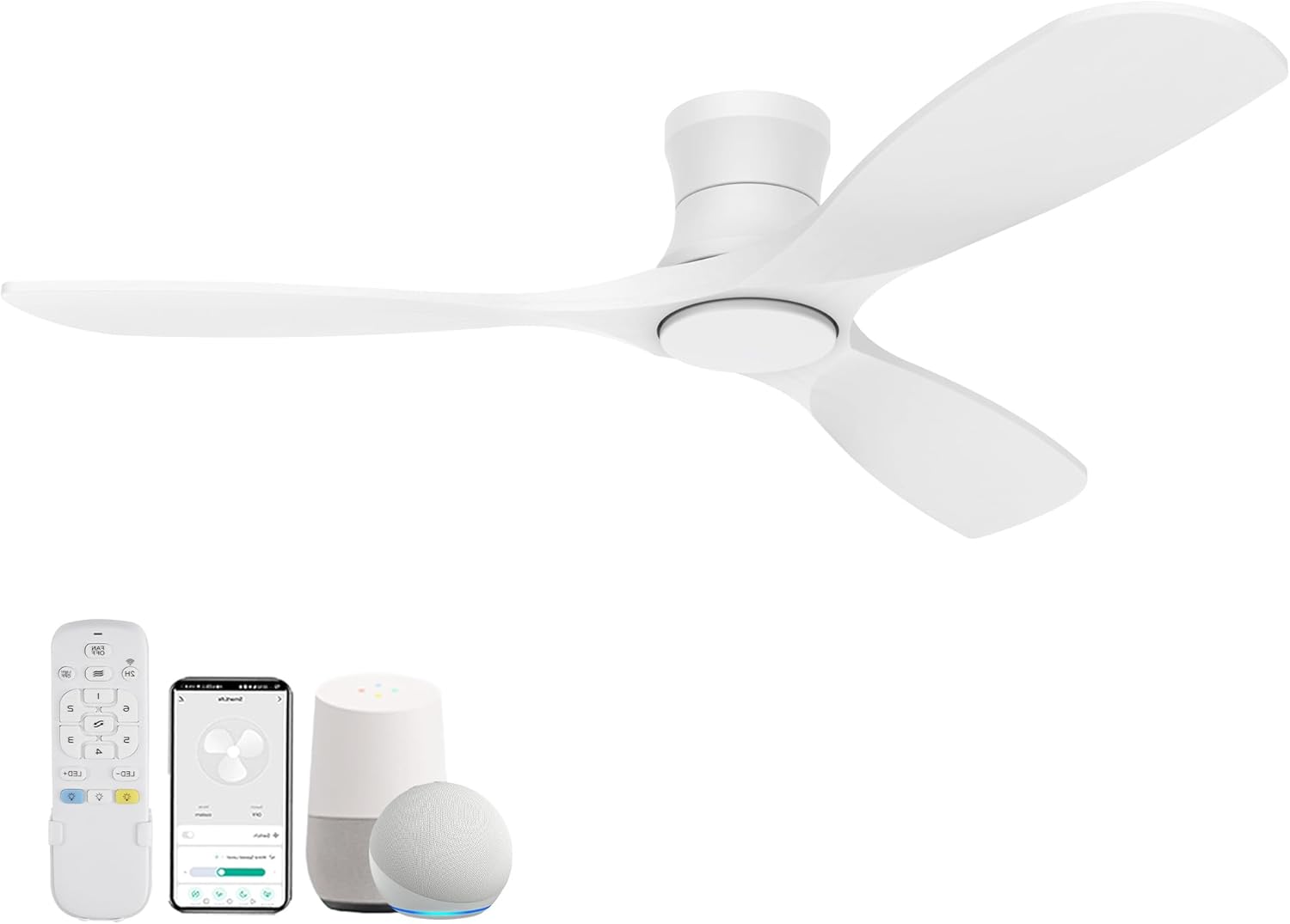 52” Wood Smart Flush Mount Ceiling Fans with Lights and Remote,Quiet DC Motor,Outdoor Indoor Ultra Low Profile Ceiling Fan works with Alexa WIFI APP,Modern White Ceiling Fan for Bedroom Patio