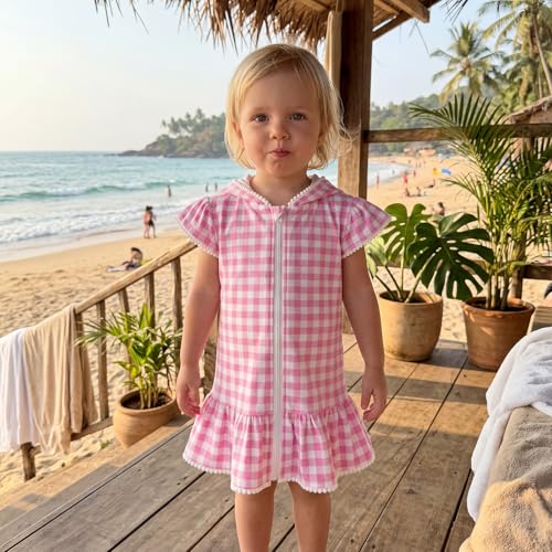 Image of Girls Hooded Terry Coverups One Piece Swimsuits Beach Stripe Trim Zip Up Fly Sleeve Swim Cover Up Swimwear