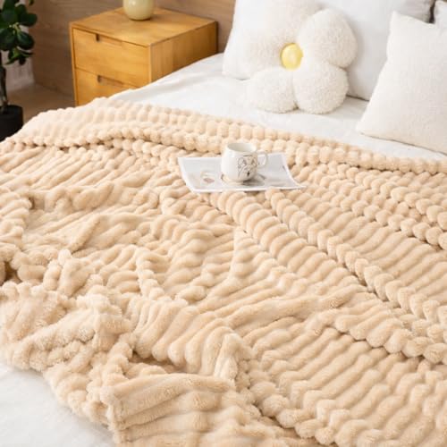 Image of WONJU Premium Ultra Soft Coral Fleece Blanket for Bed & Sofa | Warm Plush Ribbed Throw | Lightweight Cozy Winter Blanket | Machine Washable | Multiple Colors (Cream)