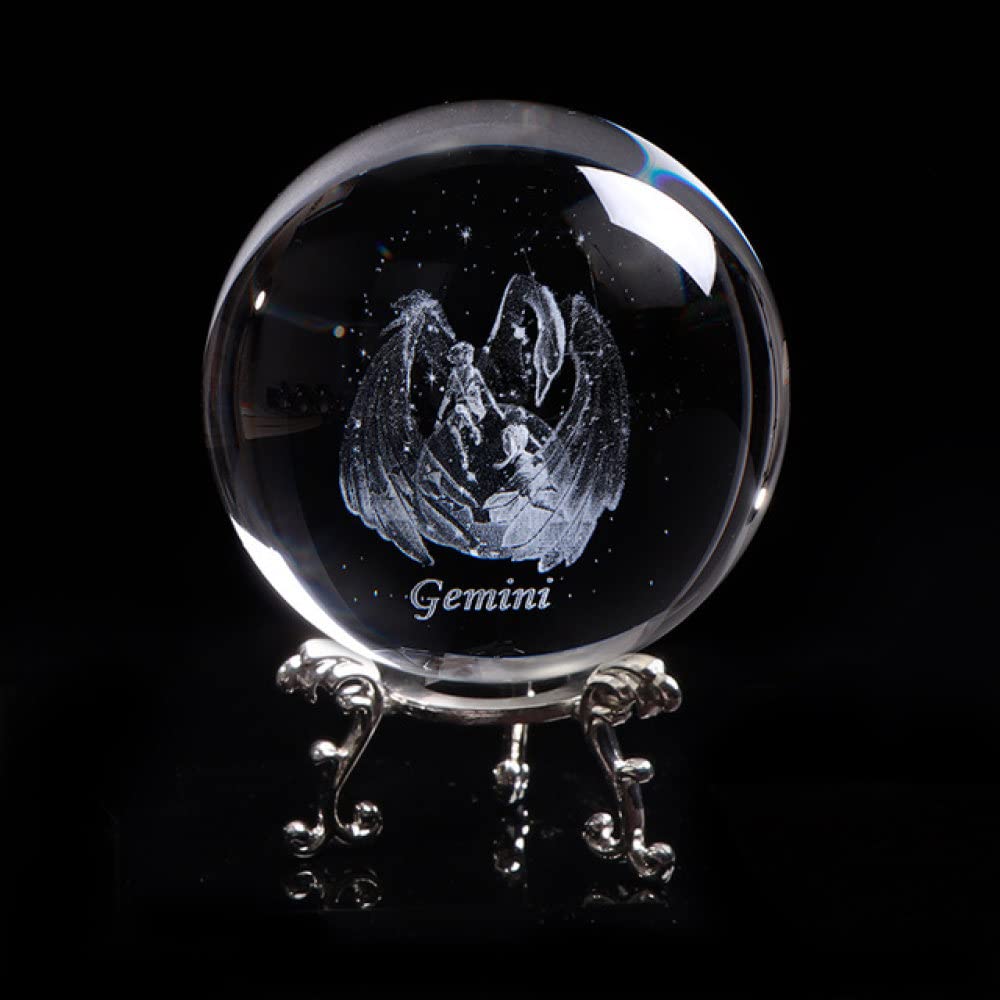 3D gemini konstelacje zodiaku kryształowa kula grawerowane dekoracje do domu znaki zodiaku kula horoskop szklana kula, ze srebrną podstawą, kulka 8 cm