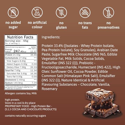 Image of Phab Chocolate Brownie Protein Bar with 21g Protein, 8g High Fibre & 0 Added Sugar 100% Vegetarian | Healthy & Tasty Protein bars | Trans Fat-Free & No Preservatives Protein bars (Pack of 12 x 65g)