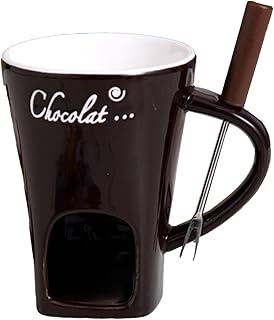 PJxtal Multi functional ceramic chocolate hot pot cup set,fondue cup, portable and easy to use, suitable for candle heating, creative dessert tools, with fork Selection (brown)