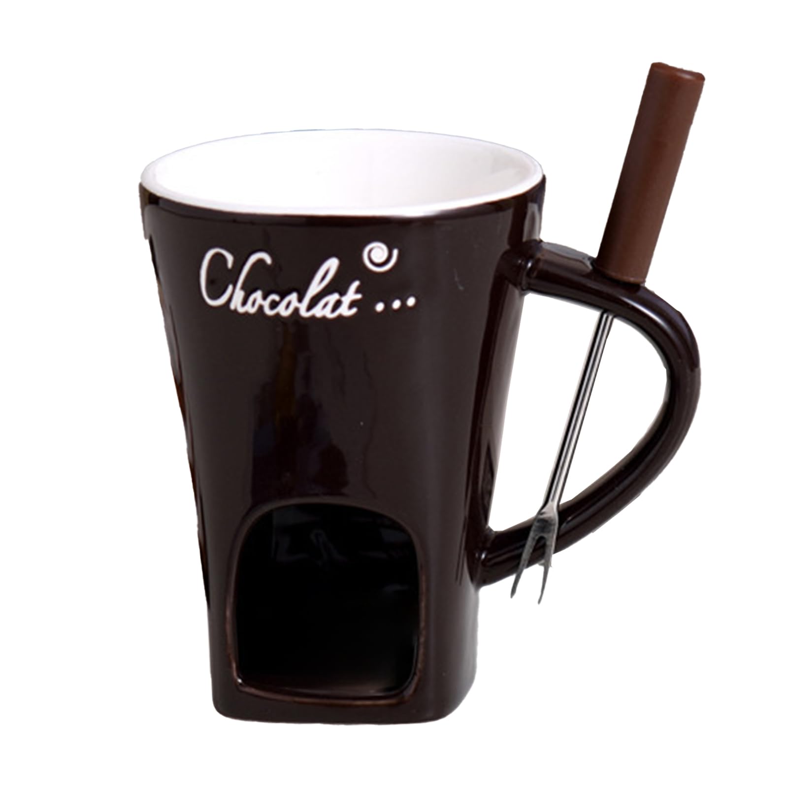 PJ.joy Multi functional ceramic chocolate hot pot cup set,fondue cup, portable and easy to use, suitable for candle heating, creative dessert tools, with fork Selection (brown)