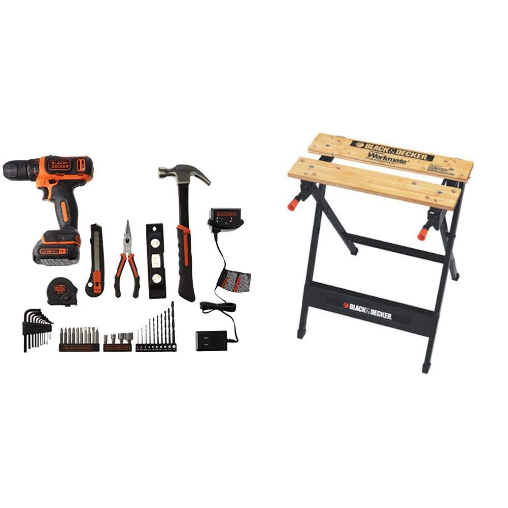 BLACK+DECKER 12V Drill & Home Tool Kit, 42 Piece with Workmate Portable Workbench, 350-Pound Capacity (BCPK1249C & WM125)