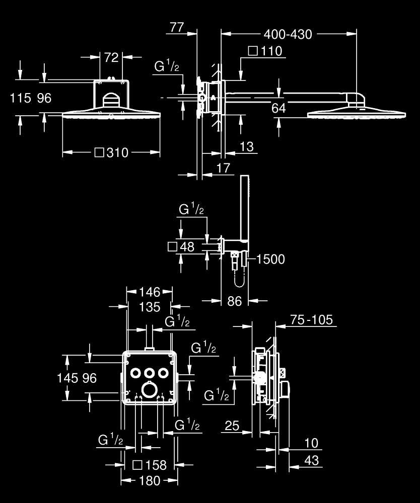 GROHE Start 250 Sistema de ducha empotrado (caja de instalación universal, conjunto de ducha mural, con grifo mezclador 2 tipos de chorro, manguera de ducha de 1.500 mm), Cromo 25292000