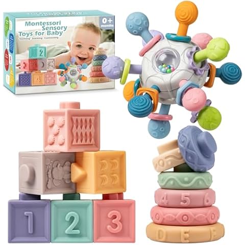 SpringFlower 3 in 1 Montessori Toys for Babies 0-3-6-12 Months, Rattle Teether & Baby Blocks & Soft Stacking Rings, Sensory Developmental Education Toys,Gift for Toddler Baby 0-3-6-12-18 Months Cover