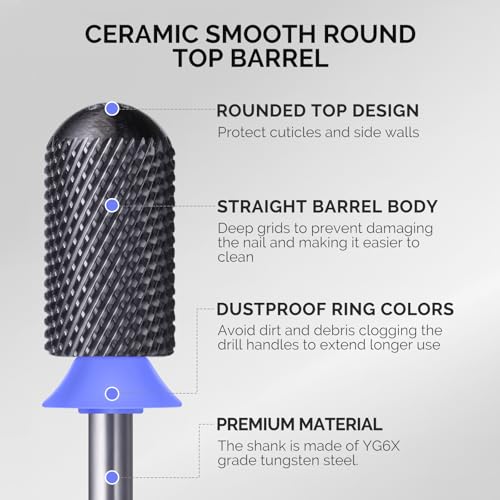 Image of MelodySusie Ceramic Nail Drill Bit, 3 /32'' Smooth Round Top Large Barrel Bits, Suitable for Manicure Pedicure Cuticle Gel Polishing, Beginners Bits, Black, Series Bit-S, Medium