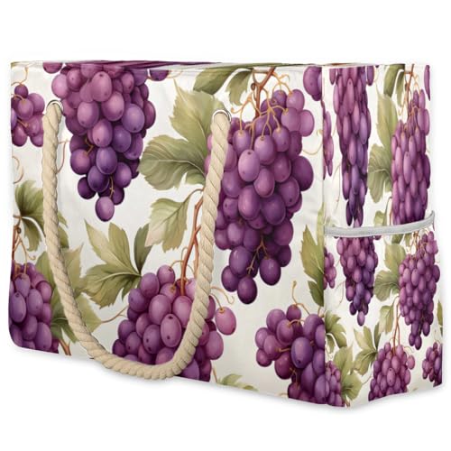 Grape Pattern Large Beach Bag Waterproof Beach Bag for Women Oversized Sandproof Beach Tote Bag with Zipper for Gym Travel Daily Pool Bag Big Tote