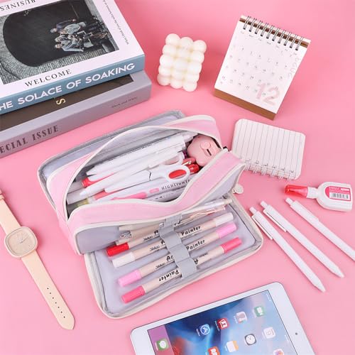 Image of iSuperb 3 Compartments Pencil Case Pouch Big Capacity Pencil Holder for Kids Teen Girls Boys Student School Supplies Oxford Stationery Storage Cosmetic Case (Pink)