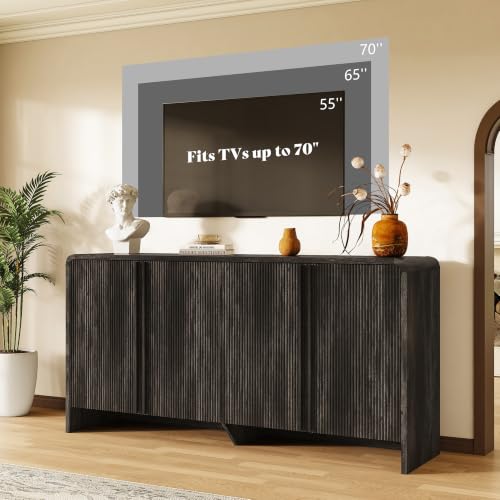 Image of AMERLIFE 63 inch Fluted Sideboard Buffet Cabinet with Storage, Modern Credenza Console with 4 Doors & Adjustable Shelves, Wood Coffee Bar for Kitchen, Living Room, Hallway, Black