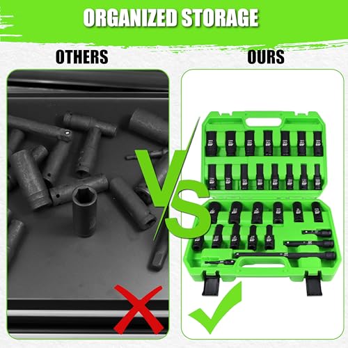 Image of SUNHZMCKP 30-Piece 1 /2 inch Drive Impact Socket Set, SAE (3 /8 inch- 1 inch) and Metric (10mm-24mm) Deep Socket Set, Including Impact Extension Bar 3 inch, 5 inch, 10 inch and 1 /2 inch Socket Adapter, 6 Point Design, CR-V
