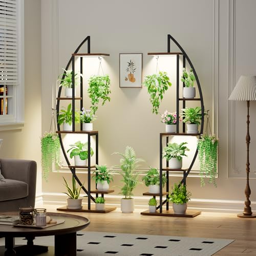 Plant Stand Indoor with Grow Lights, 6 Tiered Tall Plant Shelf, 63" Metal Plant Stand for Indoor Plants Multiple, Half-Moon Plant Rack Display Shelf, 2 Pcs Plant Holder for Living Room, Patio