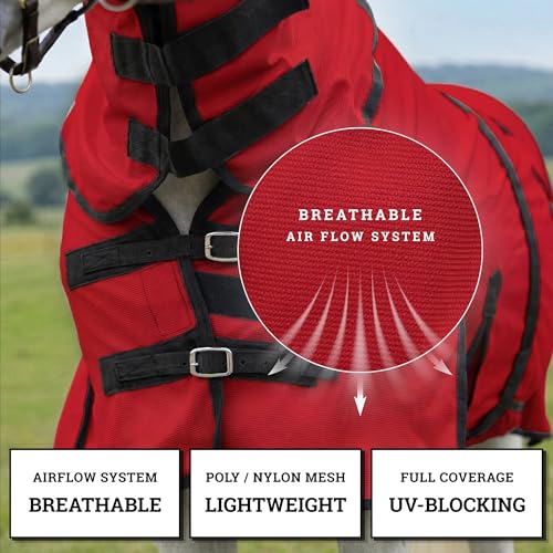 Image of Horse Fly Sheet with Attached Neck Cover & Tail Flap | UV Protection Mesh Horse Blanket, Full Body Bug & Sun Shield, Buckles, Belly Wrap & Gussets for Spring Summer Riding Rug (Red, 68 inch)