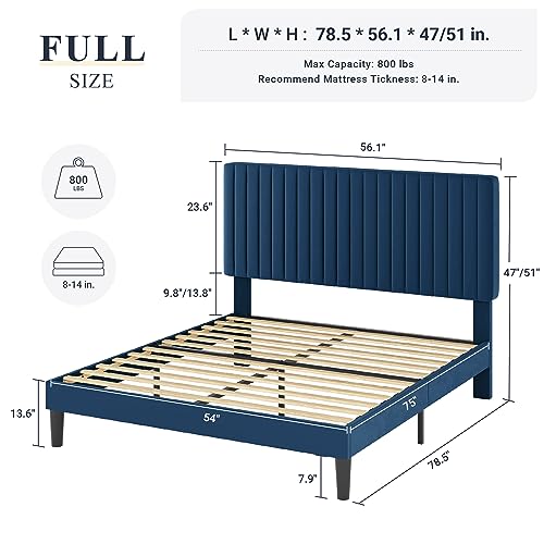 Image of Allewie Full Bed Frame, Velvet Upholstered Platform Bed with Adjustable Vertical Channel Tufted Headboard, Mattress Foundation with Strong Wooden Slats, Box Spring Optional, Easy Assembly, Navy Blue