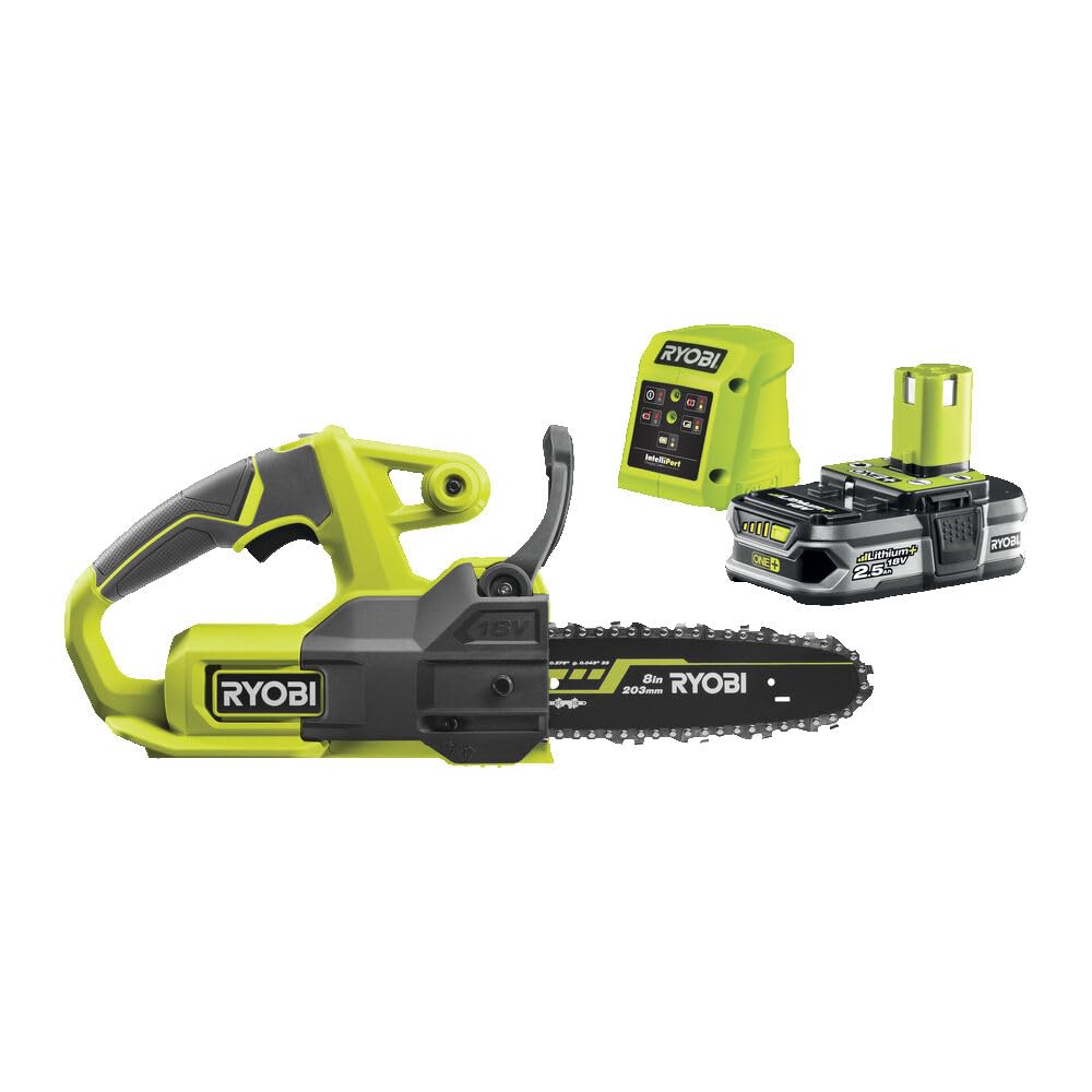 RYOBI - Tronçonneuse Sans Fil 18V ONE+ RY18CS20A-​125 – Guide 20 cm, Batterie 2.5Ah + Chargeur, Lubrification Auto, Démarrage Instantané – Coupe Bois, Bûches, Branches, Entretien Jardin