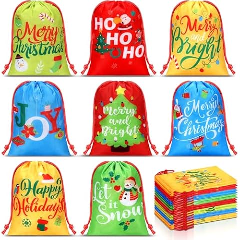 Xuniea 24 Pcs Christmas Drawstring Bags 10 x 7 Inch Holiday Goodie Bags Reusable Merry Christmas Gift Bag Small Treat Wrapping Bags for Winter Xmas Party Favor Supplies Cover