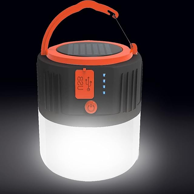 USB Rechargeable Lantern - Solar Camping Lantern LED Portable Outdoor Flashlight Security Emergency Light Power Bank 6 Modes Waterproof Searchlight for Hiking Fishing Outage Power Cuts(Black)