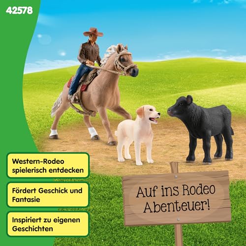 SCHLEICH Farm World | Westernreiten 42578 | Bauernhof Set mit Cowboy, Pferd, Kuh und Hund sowie Zaumzeug & Sattel | Western Rodeo Zubehör | Bauernhof Spielzeug ab 3 Jahre Set aus 6 Teilen