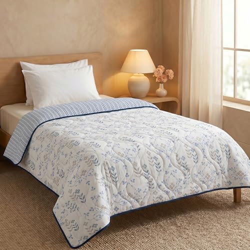 Image of HUESLAND Reversible AC Quilt Blanket Single Bed | 100% Cotton Quilted Shell, Super Soft 120 GSM Microfibre Wadding | Lightweight Comforter for All Weather Use | Petal - 55 x 88 inches
