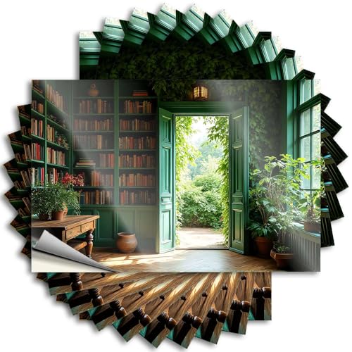 Ilusión óptica, divertida pegatina para laptop, una acogedora biblioteca con una puerta abierta que conduce a un jardín exuberante, accesorios gratuitos para jugadores (8 x 12 cm)