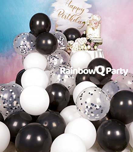 Image of RainbowQ 67Pcs 12 Inch Black and White Confetti Latex Helium Balloons | White Black Balloons Latex Helium Shiny Balloon Set for Graduation Anniversary Birthday Party Decorations