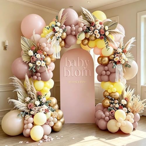 Image of Dusty Pink Yellow Balloon Arch, Double Stuffed Mauve Blush Cream White Gold Balloon Garland Kit for Boho Baby Shower Birthday Bridal Wedding Bee Lemon Graduation Party Decorations