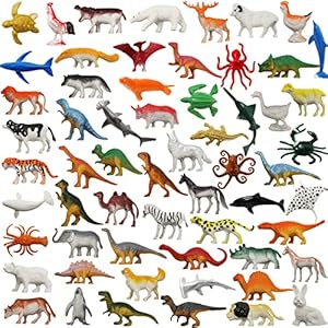 Animal Toys, 60 Pcs Assorted Dinosaur Ocean Sea Animal Farm Animal Jungle Animal Wild Animals Dinosaurs Figure Realistic Plastic Zoo Play Set Small Toys for Kids Cupcake Topper Party Favors