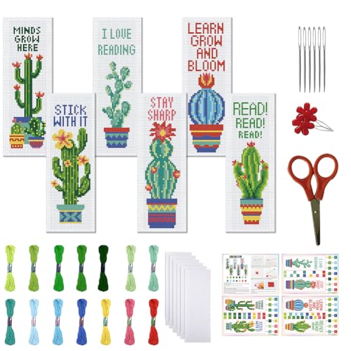 Image of FREEBLOSS 6 Set Cross Stitch Bookmark Kits Cactus Potted Plant Pattern Stamped Cross Stitch Kit 11CT Embroidery Kit with Instructions for Beginners 20x6cm /8x2.4inch